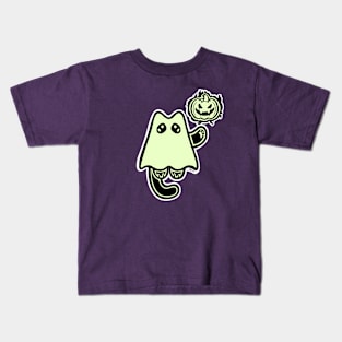 Little Ghost Cat with a Jack O' Lantern Kids T-Shirt